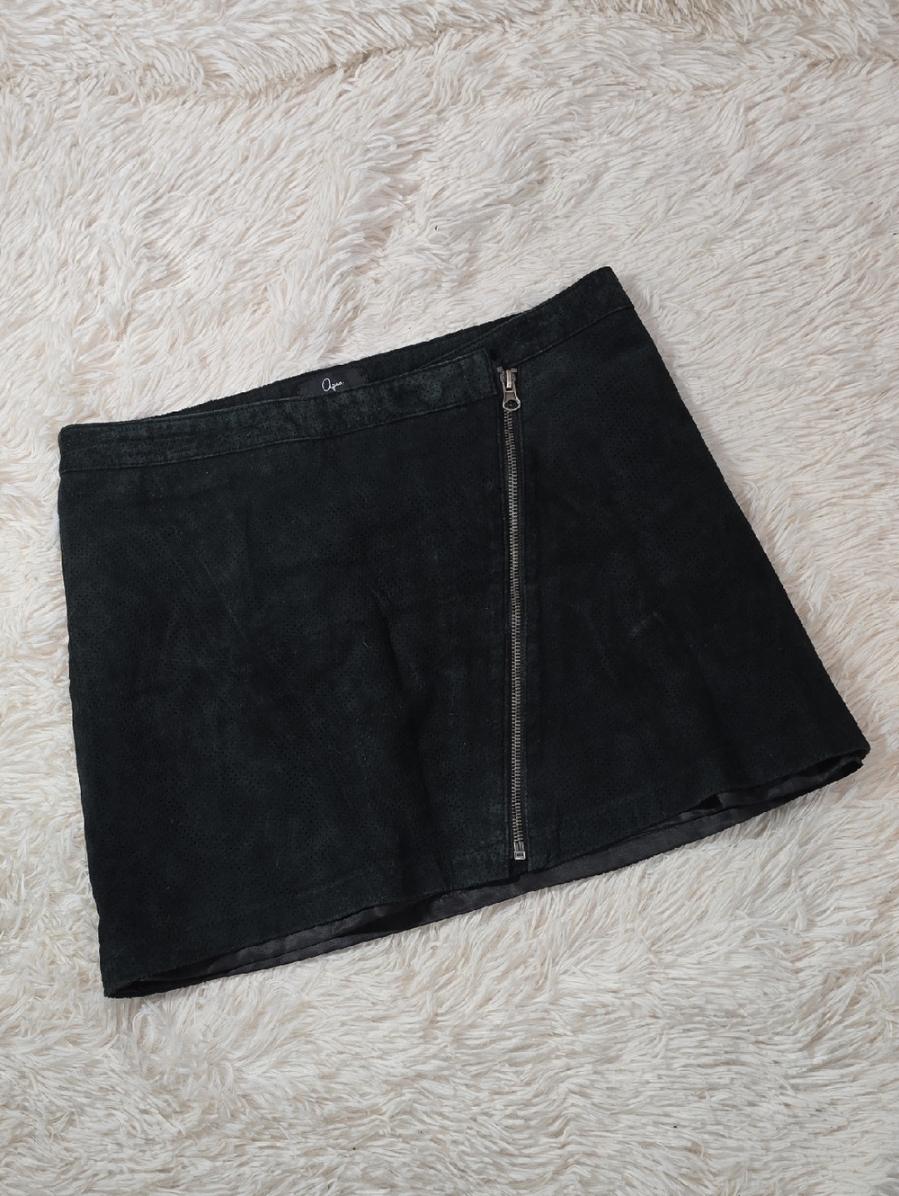 Aqua Black Leather Mini Skirt with Front Zip Size M